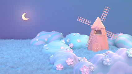 3d rendered cartoon windmill at night.