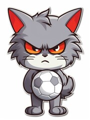 Cartoon sticker angry kitten football player with a soccer ball, AI