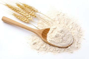 Dry wheat stalks next to a wooden spoon overflowing with flour on white.