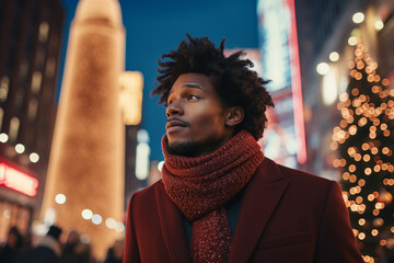 Generative AI portrait of young man walking street wearing fashion clothes christmas decor big city