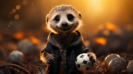 Cute meerkat holding soccer ball. - obrazy, fototapety, plakaty