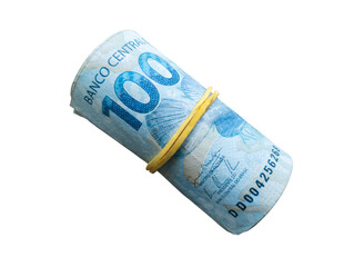 Brazilian money. 100 reais note rolled up with elastic