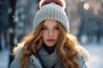 AI generated portrait of cheerful adult girl walking in winter city enjoying adventure