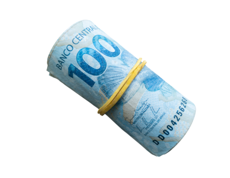 Brazilian money. 100 reais note rolled up with elastic