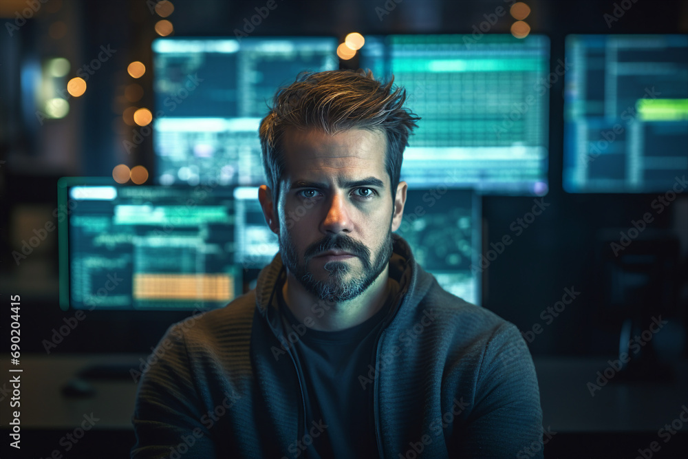 Poster generative ai conceptual portrait of successful business person man woman hacker programmer in offic