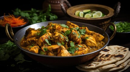 National Curried Chicken Day: A steaming bowl of curried chicken garnished with coriander on a dining table, with naan bread on the side