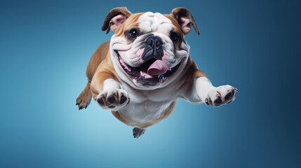 Bulldog dog is jumping and running isolated on blue cyan background