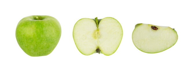 green apple fruit, halves, and slice isolated on white background,