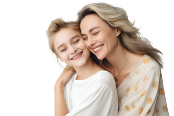 Happy, hug and loving of a mother and woman isolated on the white background. Generative Ai.