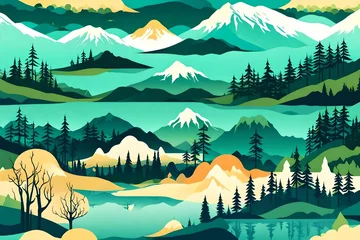 Tuinposter setvof nature landscape backgrounds with silhouettes of mountains and trees © Mazhar
