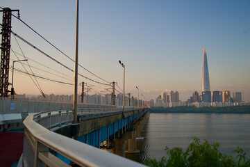 Dawn Over Jamsil Railroad Bridge with Lotte World Tower