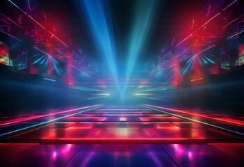 Empty night club stage illuminated with red and blue spotlights. Retro dance floor. Scene with laser beams, lamps ,billowing smoke.  - obrazy, fototapety, plakaty