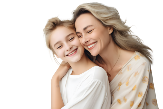 Happy, hug and loving of a mother and woman isolated on the white background. Generative Ai.