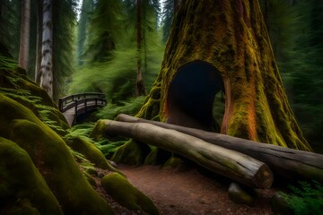 **colorful tree trunk and boulder mark entrance to footbridge on the capilano pacific trail, north vancouvr - obrazy, fototapety, plakaty