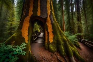 **colorful tree trunk and boulder mark entrance to footbridge on the capilano pacific trail, north vancouvr