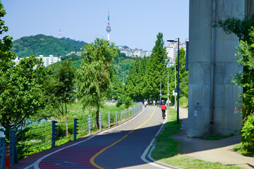Fototapeta premium Scenic Routes: Bike Paths of Ttukseom Hangang Park under Seongsu Bridge in Seoul