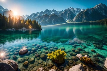 great summer morning on the eibsee lake with zugspitze mountain range. sunny outdoor scene in german alps, europe, beauty of nature