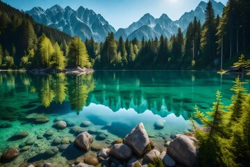 great summer morning on the eibsee lake with zugspitze mountain range. sunny outdoor scene in german alps, europe, beauty of nature - obrazy, fototapety, plakaty