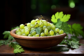 A rustic bowl filled with dew-kissed gooseberries, freshly harvested from the garden