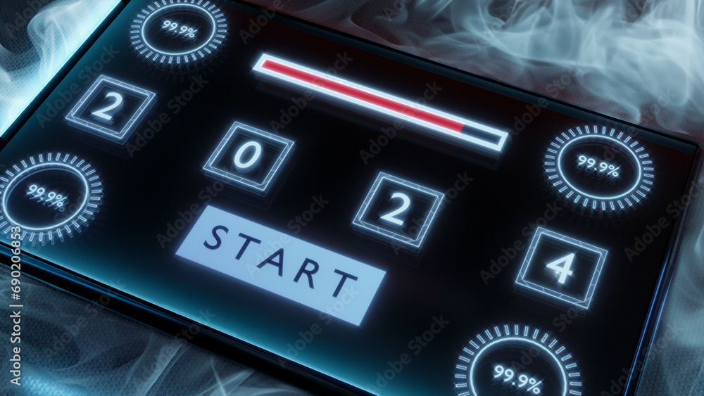 Aufkleber close up, futuristic glass screen with red progress bar and number 2024. technical concept for count