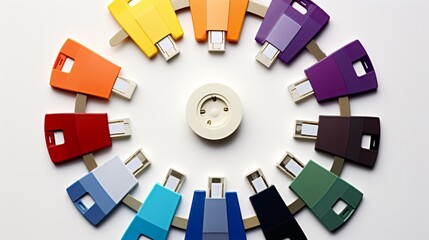 Top-down view of various USB drives forming a color wheel, brilliantly contrasting with a white backdrop.