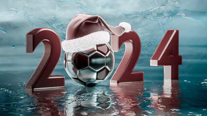 Close up view of 2024 number. Red text and soccer balls on the turquoise reflective ground. Ball with santa hat. New Year Sign. Sport concept. Happy new year 2024. 3D rendering.