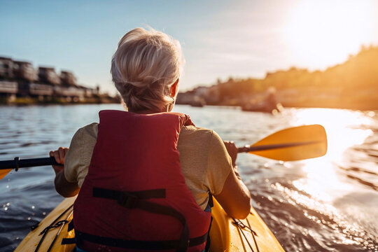 Senior woman kayaking in the river . Retired elderly people man and woman have fun outdoor lifestyle travel nature and rowing a boat in the river.