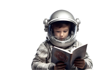 Little boy in astronaut suit and helmet reading book in the library 3D rendering isolated on white background. Generative Ai. - obrazy, fototapety, plakaty