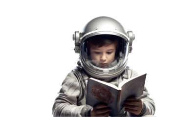 Little boy in astronaut suit and helmet reading book in the library 3D rendering isolated on white background. Generative Ai.