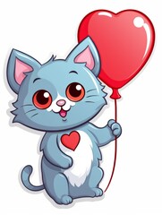 Cartoon sticker cute kitten with red balloon, AI