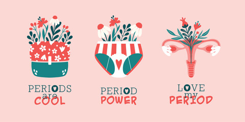 Set of clip arts with feminine hygiene products, container of female pad, panties, reproductive system with blooming flowers, plants, berries, leaves. Vector cartoon illustrations. Period Power.