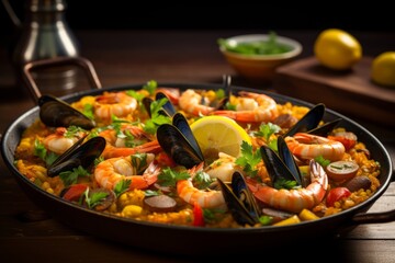 Feast your eyes on this authentic Valencian paella, bursting with color and flavor, garnished with fresh lemons and parsley