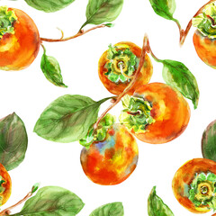 Pattern of persimmon orange fruit with leaves. Watercolor hand-drawn elements. Isolated on white background. Delicious fruit clip-art illustration. Used on labels, napkins, towels, tableware, package