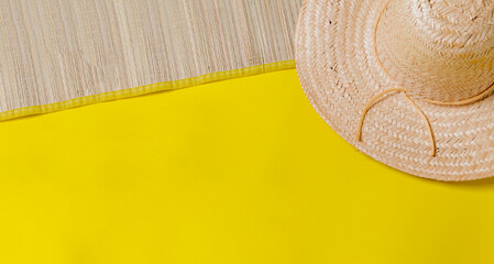 Straw hat on yellow background with mat. Copy space. Summer accessories concept. Straw concept....
