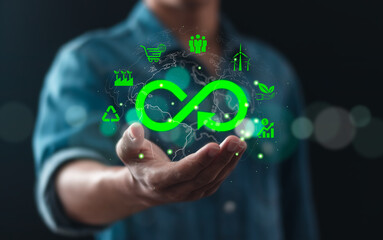 Businessman holding global green Infinity symbol for circular economy to reduce waste by reusing,...