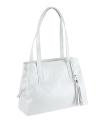 Photo of three quarters front side of business woman white bag isolated on transparent background...