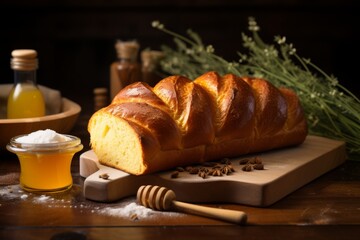 A beautifully browned homemade brioche loaf amidst baking ingredients on a country-style kitchen table