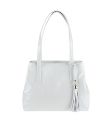 Front side of white women trapeze bag with tassel decoration isolated on transparent png...