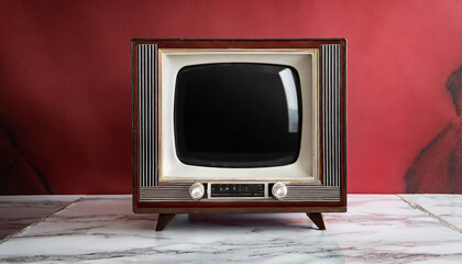 Classic retro 1950s TV set with black screen, red wall and marble floor. AI generated image.