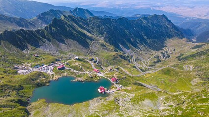 Scenic landscape featuring Balea Lake and the Transfagarasan Road in Fagaras Mountains in Romania