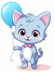 Cartoon sticker cute kitten with blue balloon, AI