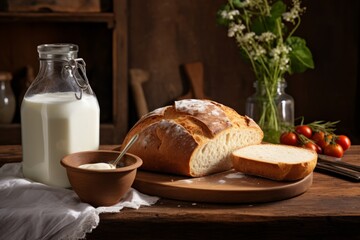 Obraz na płótnie Canvas A wholesome breakfast setup with a bottle of Ryazhenka, a Russian fermented milk drink, accompanied by fresh bread and a vintage spoon