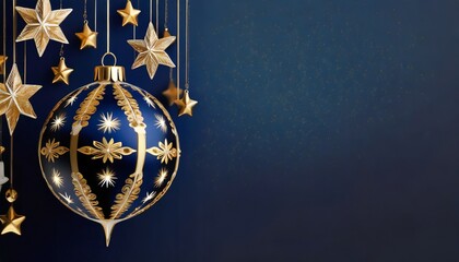 Granatowo-złote tło Bożonarodzeniowe z bogato zdobionymi bombkami, gwiazdkami i miejscem na tekst - obrazy, fototapety, plakaty