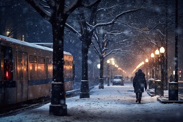 It snowed in the city at night. A man walks along a snowy evening city street with lanterns and a tram passes by