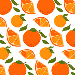 Orange fruit seamless pattern with whole and sliced fruits. Summer vitamin background, vector illustration for paper, cover, fabric, gift wrap