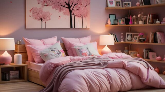 Luxury modern bedroom with pink walls and flowers on the walls, Animation video