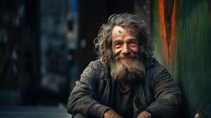 Obraz premium AI generated illustration of an elderly gentleman with dirty clothes seated beside a wall