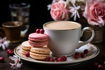 Cup of coffee and macarons dessert assortment. Generative AI.
