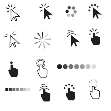 Pointer cursor сomputer mouse icon. Clicking cursor and pointing hand clicks icons on transparent background. Click cursor .