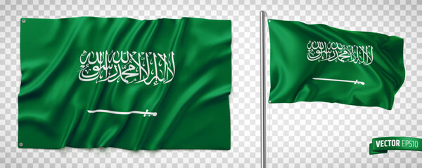 Vector realistic illustration of Saudi Arabia flags on a transparent background.
